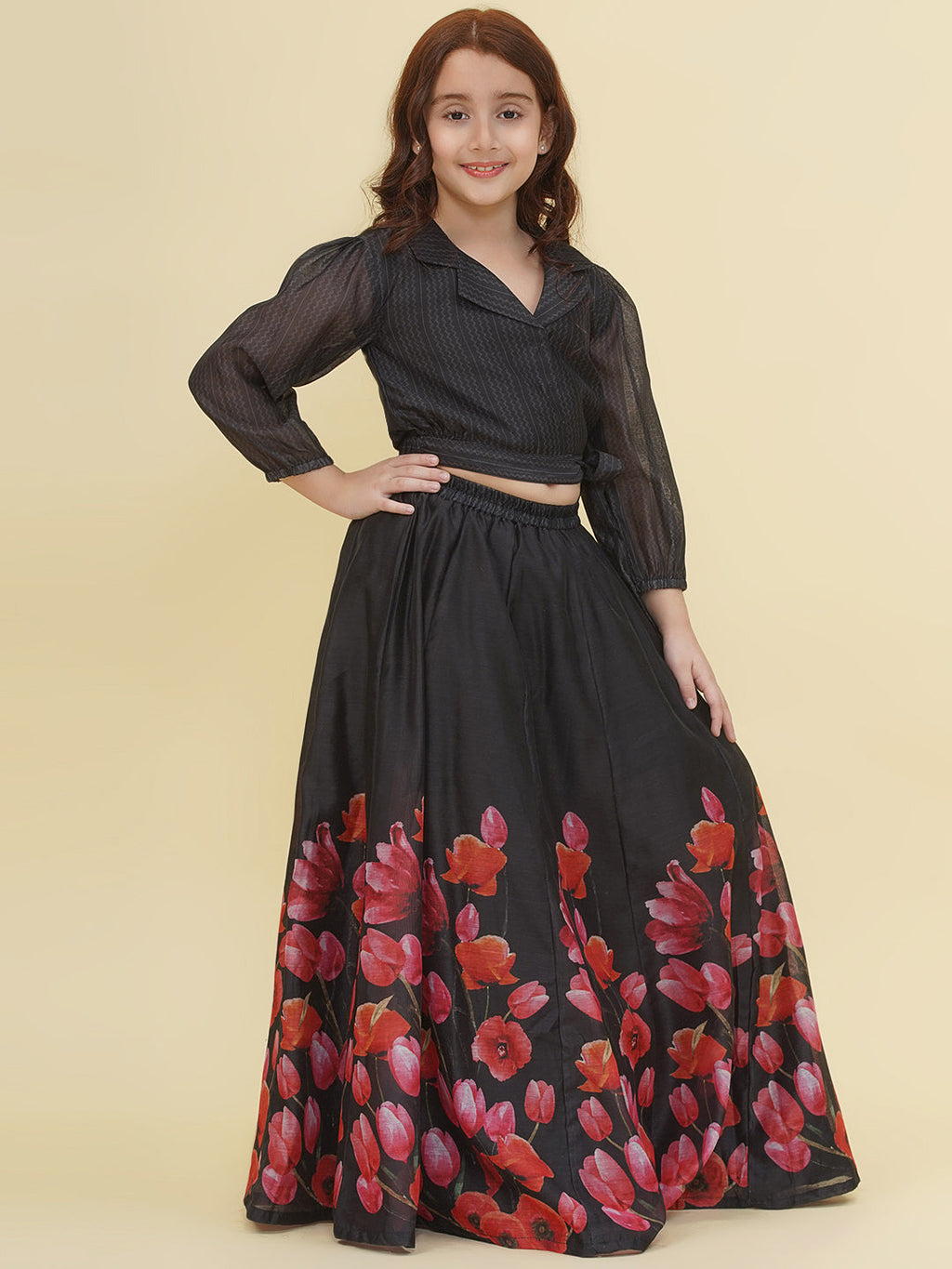 girls indo western black pink digital printed choli ready to wear lehenga
