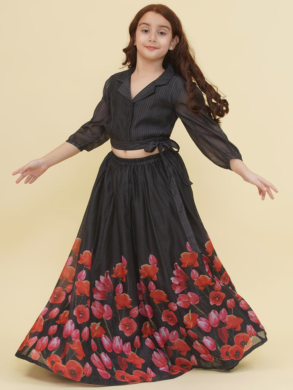girls indo western black pink digital printed choli ready to wear lehenga