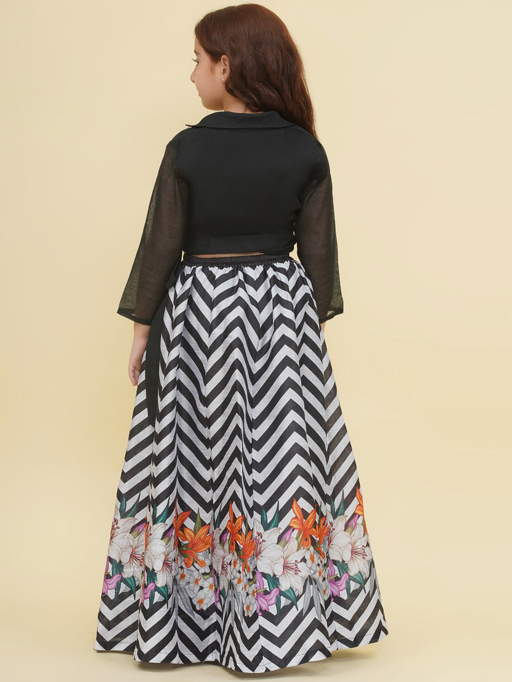 girls indo western black white zig zag flower digital printed top ready to wear lehenga