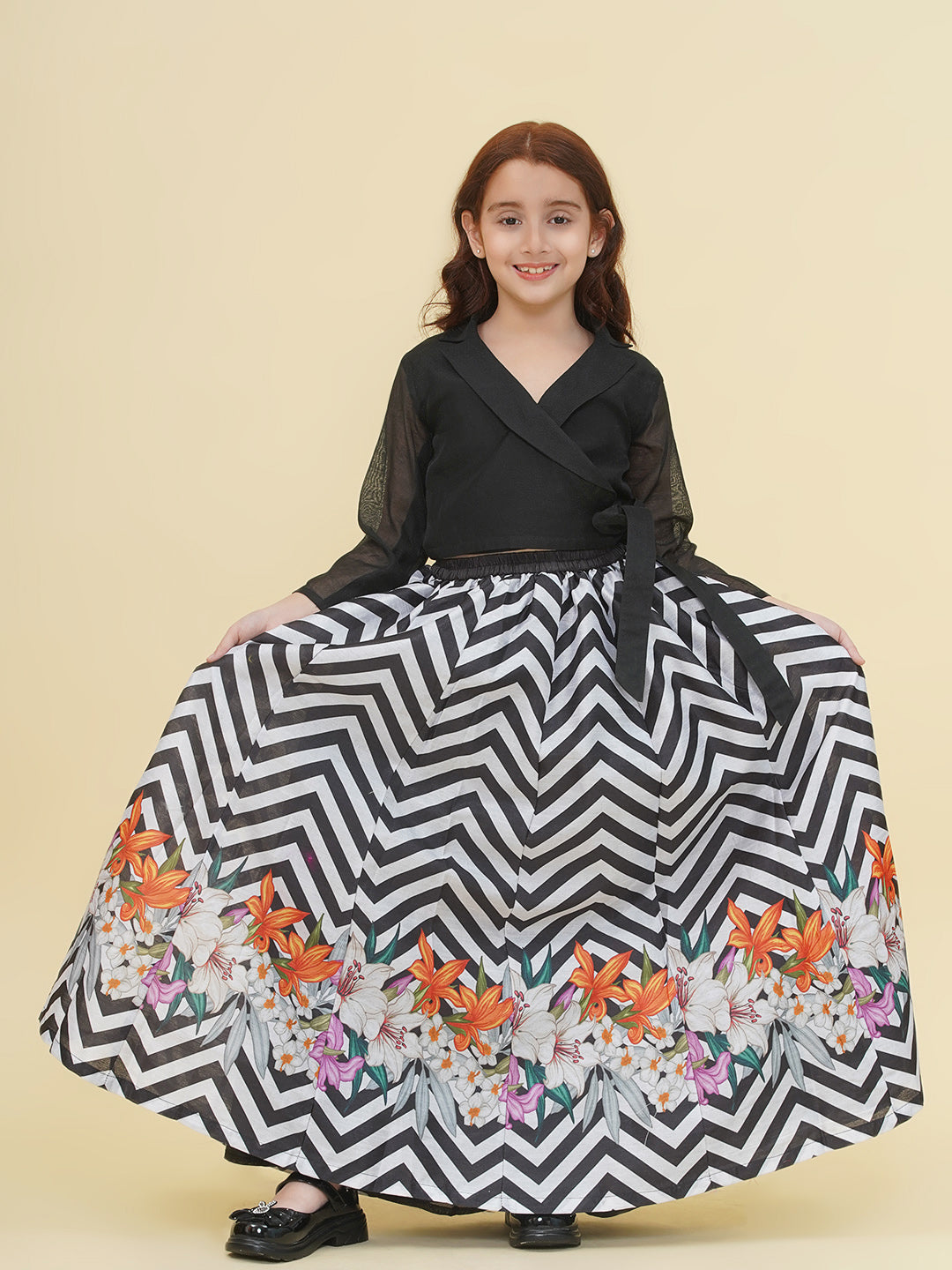 girls indo western black white zig zag flower digital printed top ready to wear lehenga