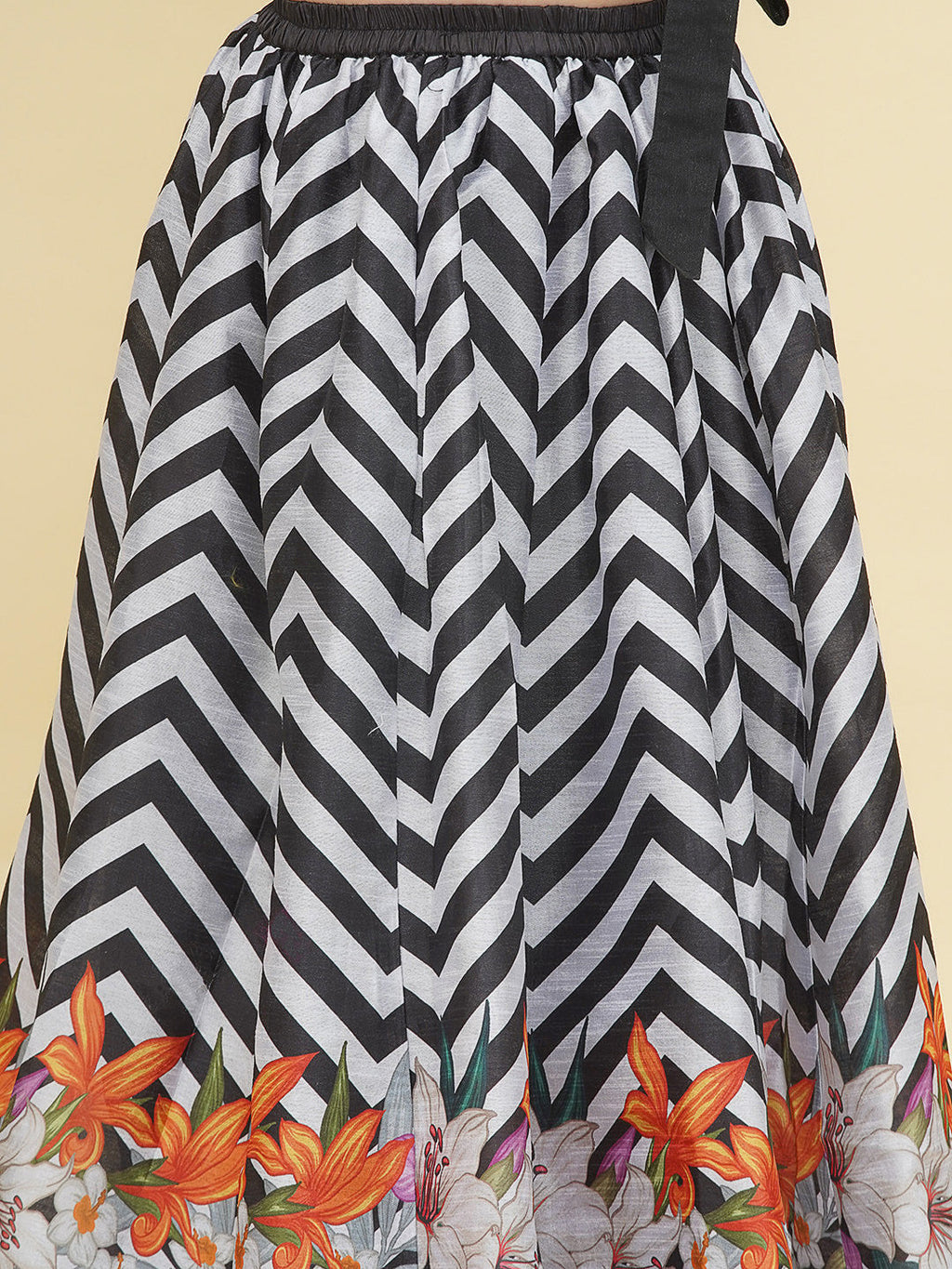 girls indo western black white zig zag flower digital printed top ready to wear lehenga