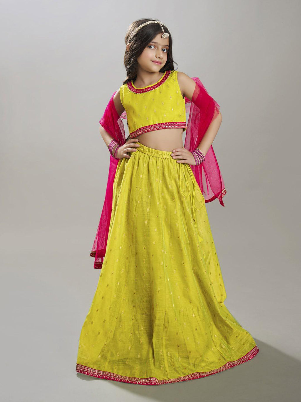 girls lime green pink with embroidered ready to wear lehenga choli with dupatta
