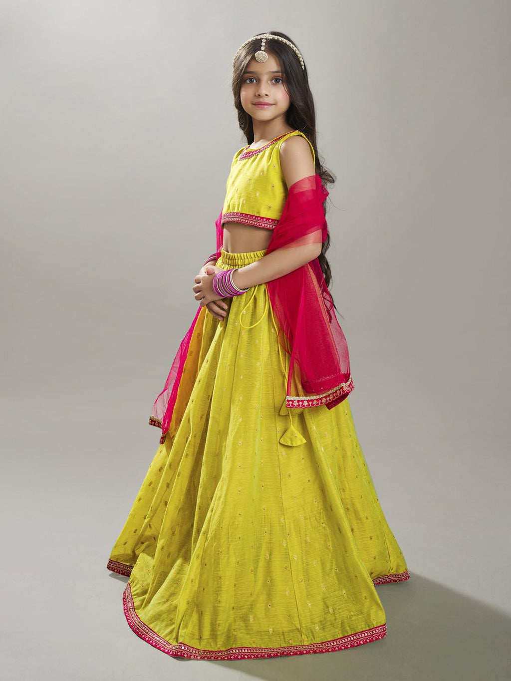 girls lime green pink with embroidered ready to wear lehenga choli with dupatta