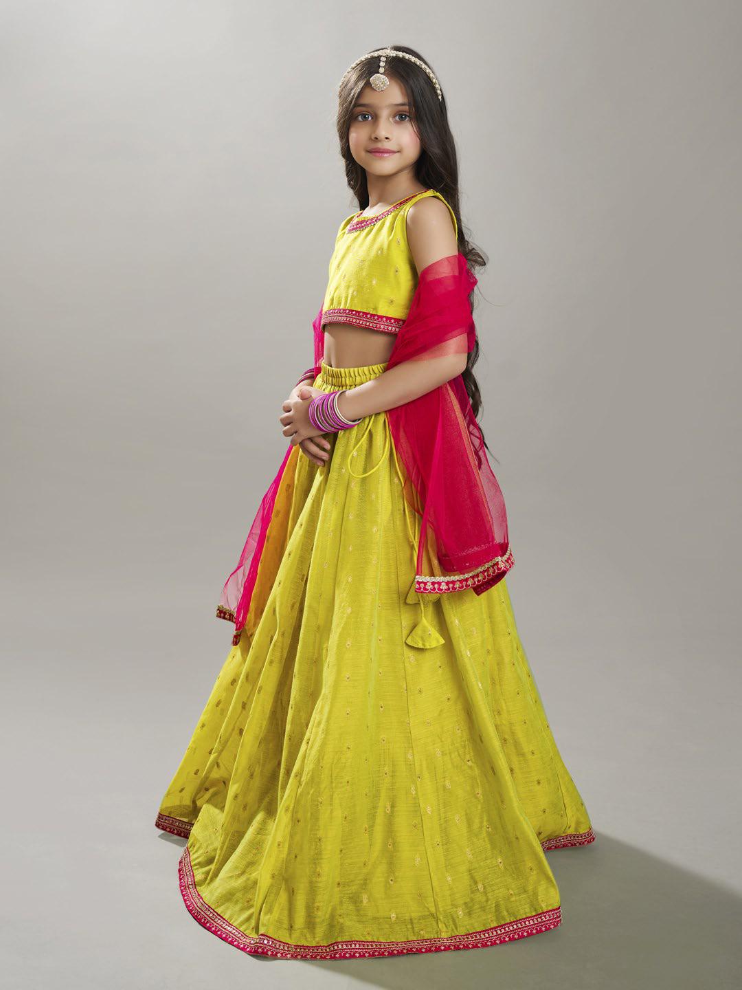 girls lime green pink with embroidered ready to wear lehenga choli with dupatta