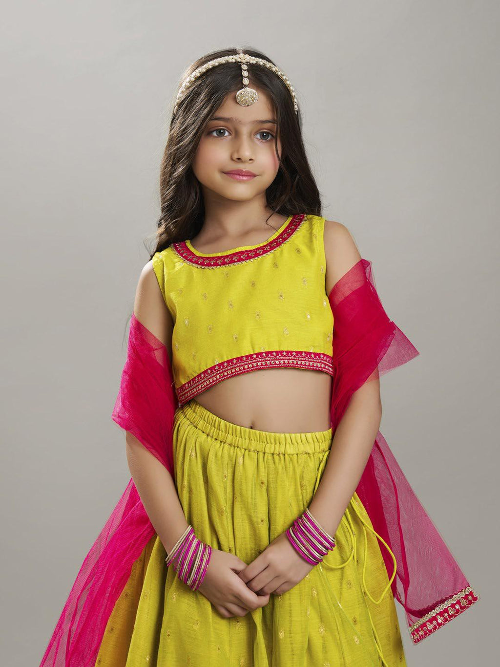 girls lime green pink with embroidered ready to wear lehenga choli with dupatta