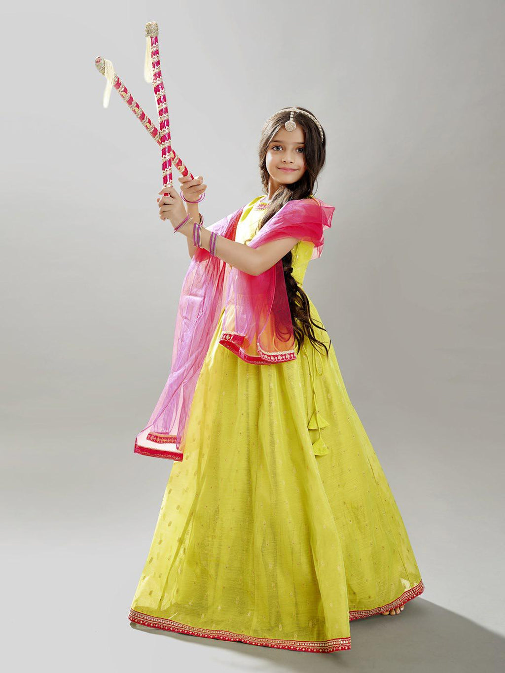 girls lime green pink with embroidered ready to wear lehenga choli with dupatta