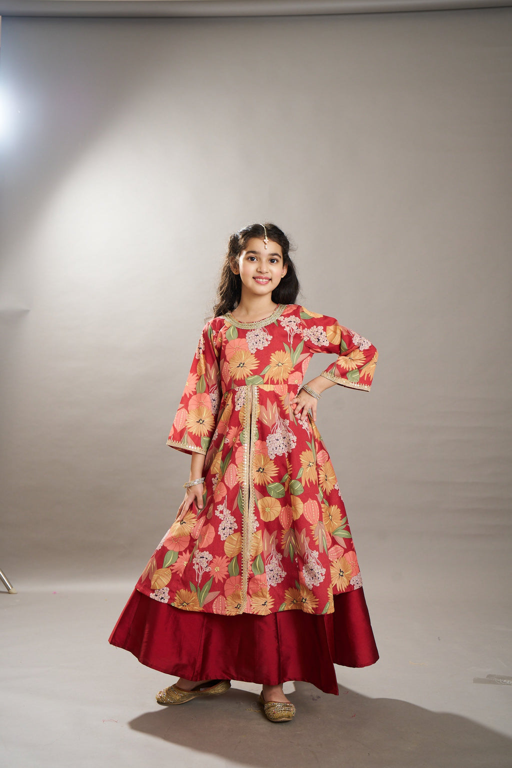 girls maroon multi floral print lace work kurta with skirt