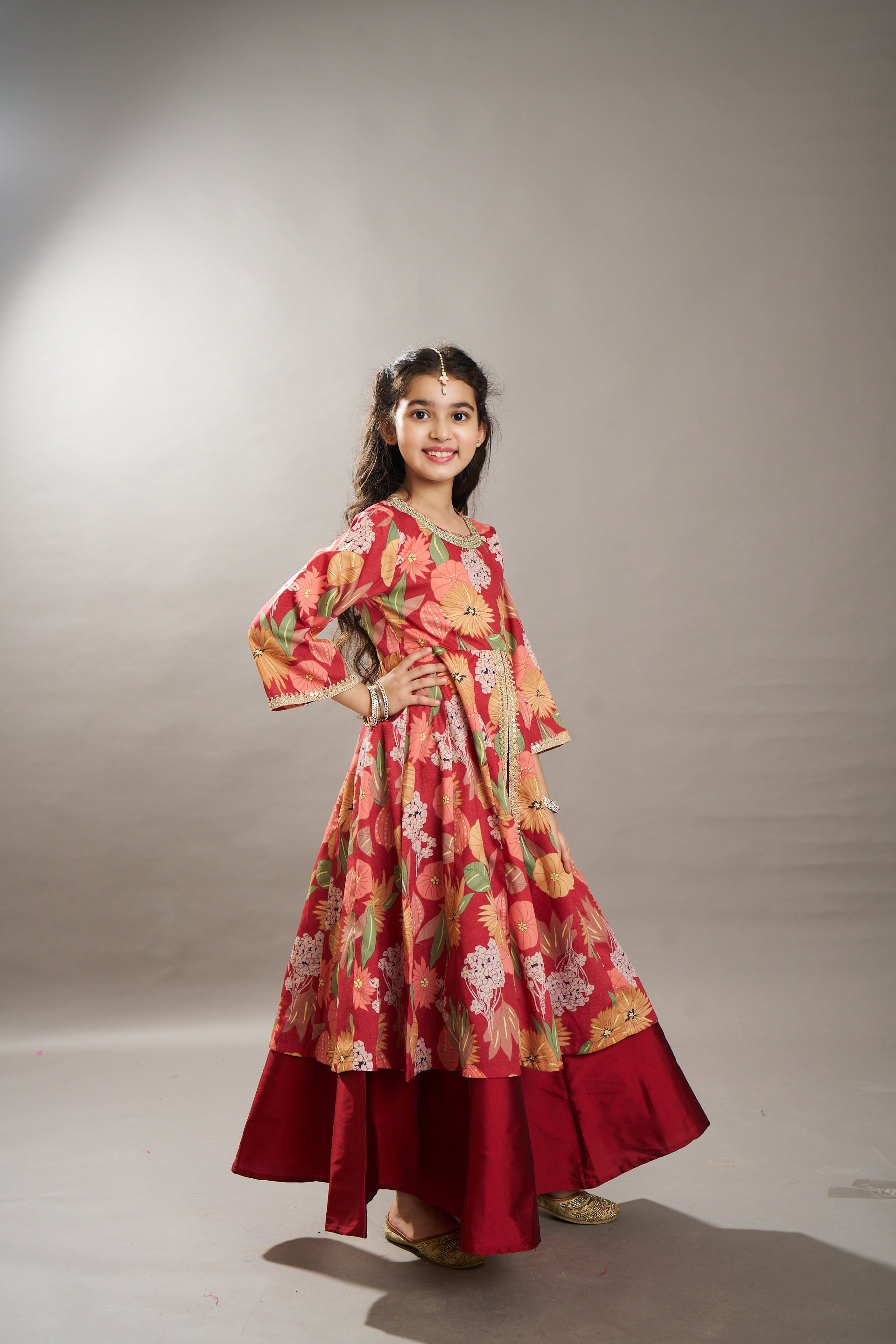 girls maroon multi floral print lace work kurta with skirt