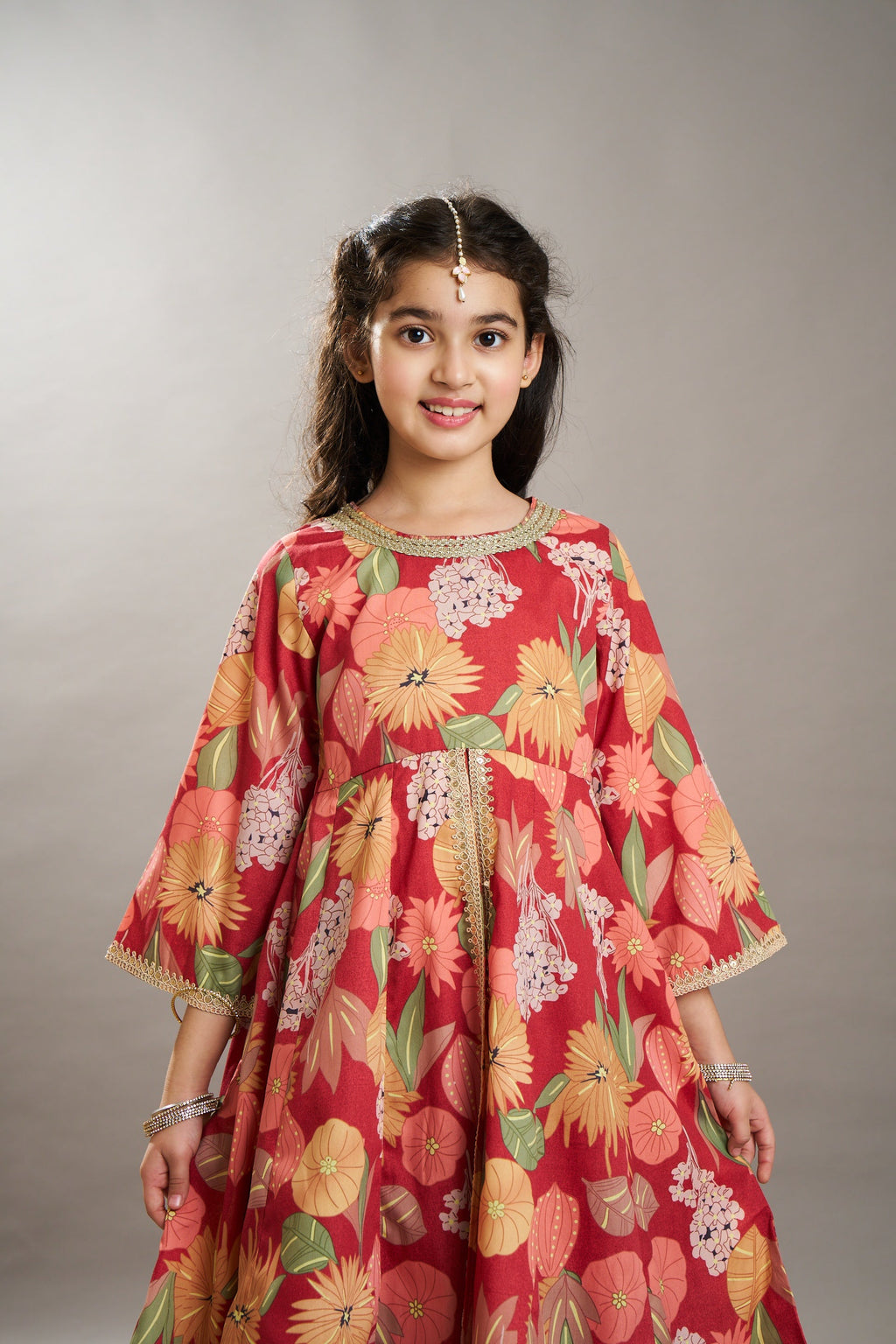 girls maroon multi floral print lace work kurta with skirt