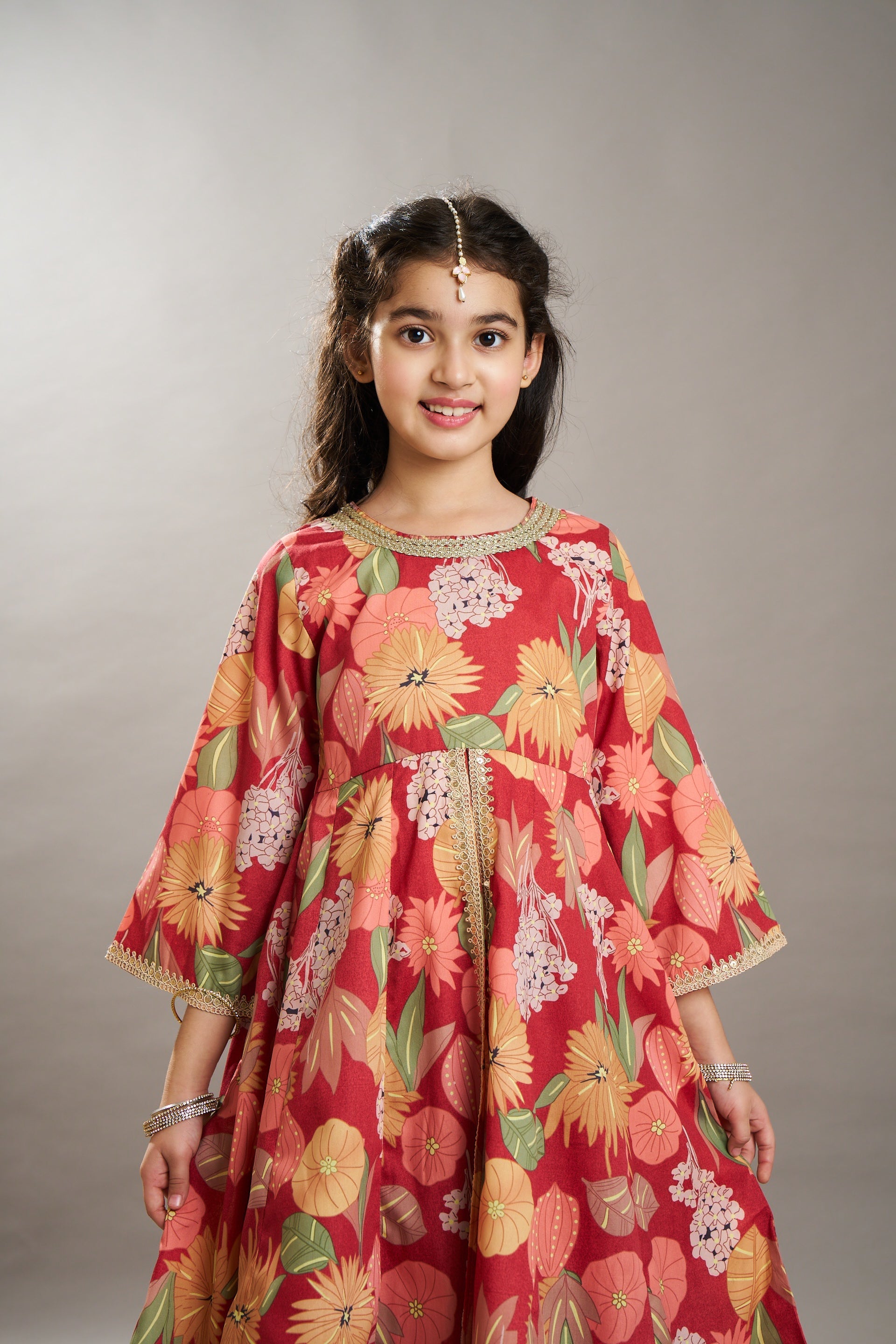 girls maroon multi floral print lace work kurta with skirt