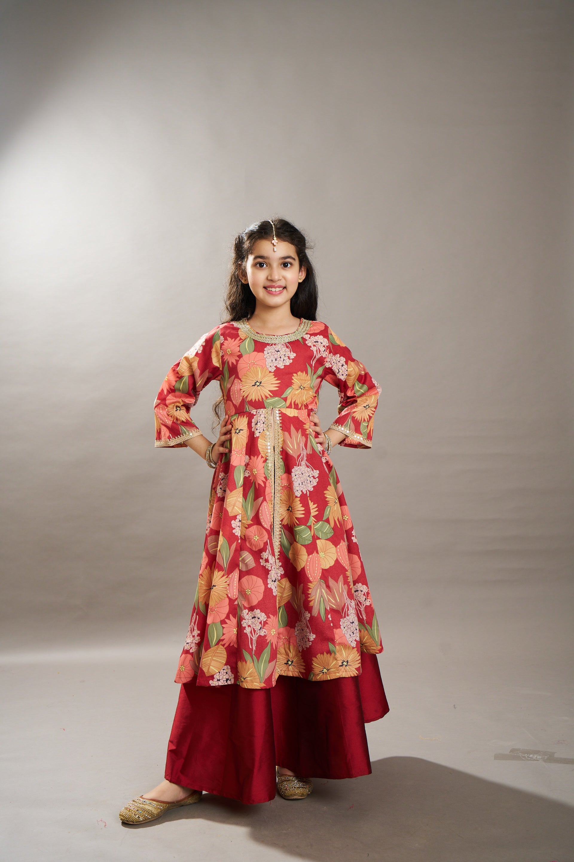 girls maroon multi floral print lace work kurta with skirt