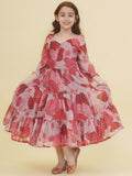 girls maroon white digital print maxi dress