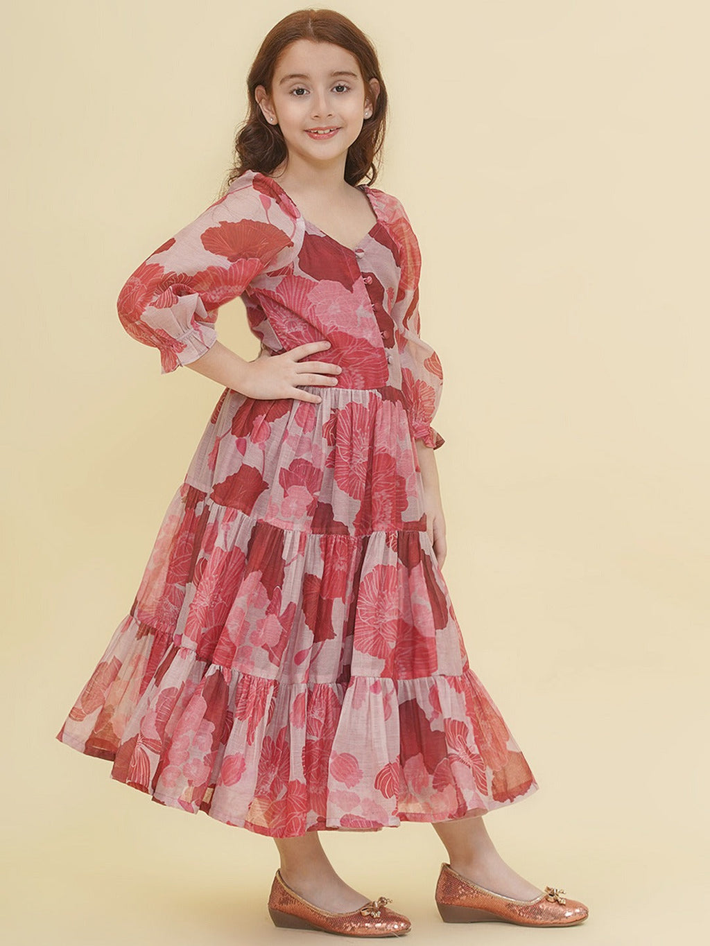 girls maroon white digital print maxi dress
