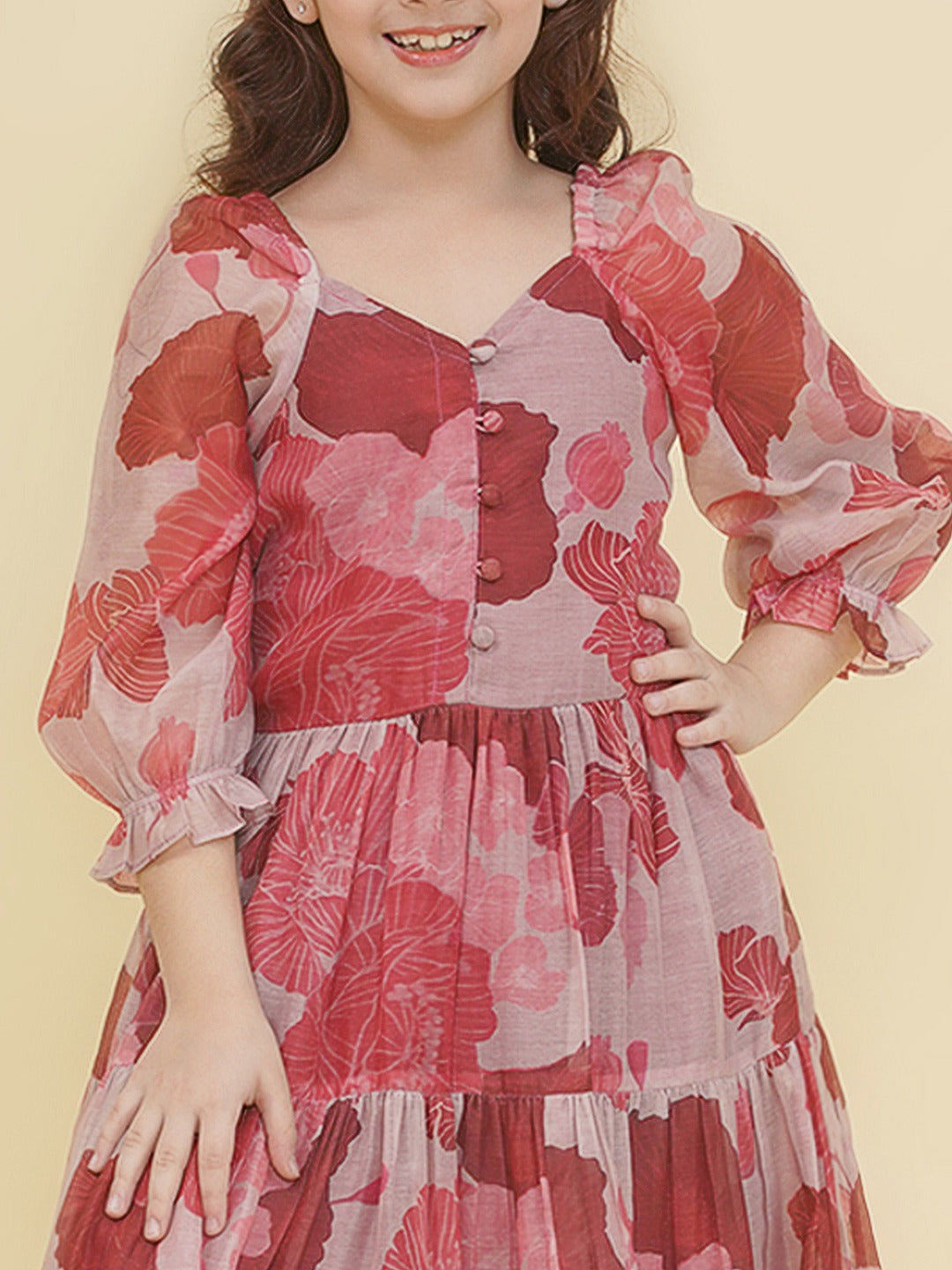 girls maroon white digital print maxi dress