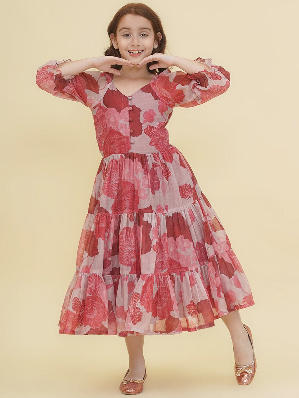 girls maroon white digital print maxi dress
