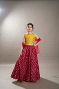 girls maroon yellow foil print with embroidered yoke choli lehenga with dupatta