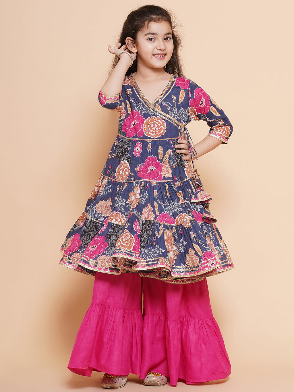 girls navy blue pink floral printed angrakha gotta patti kurta with sharara