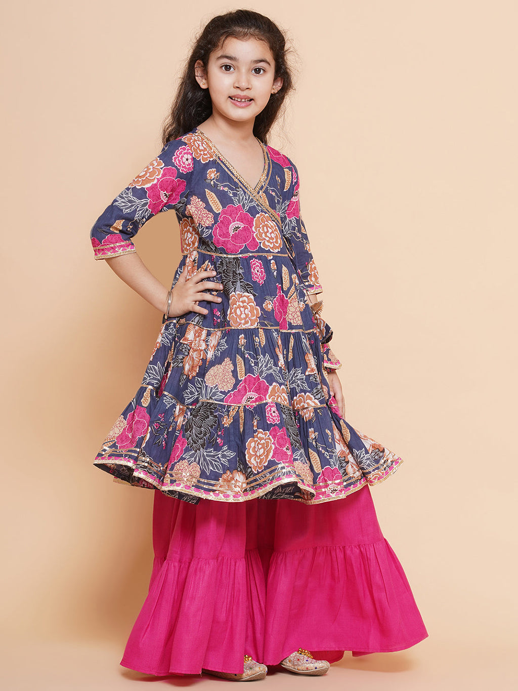 girls navy blue pink floral printed angrakha gotta patti kurta with sharara