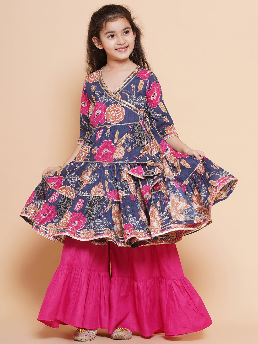 girls navy blue pink floral printed angrakha gotta patti kurta with sharara