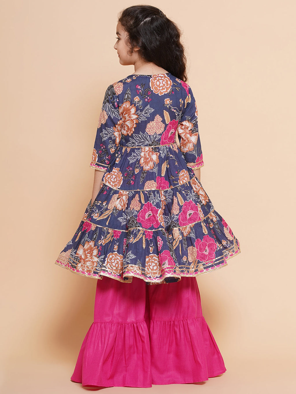 girls navy blue pink floral printed angrakha gotta patti kurta with sharara