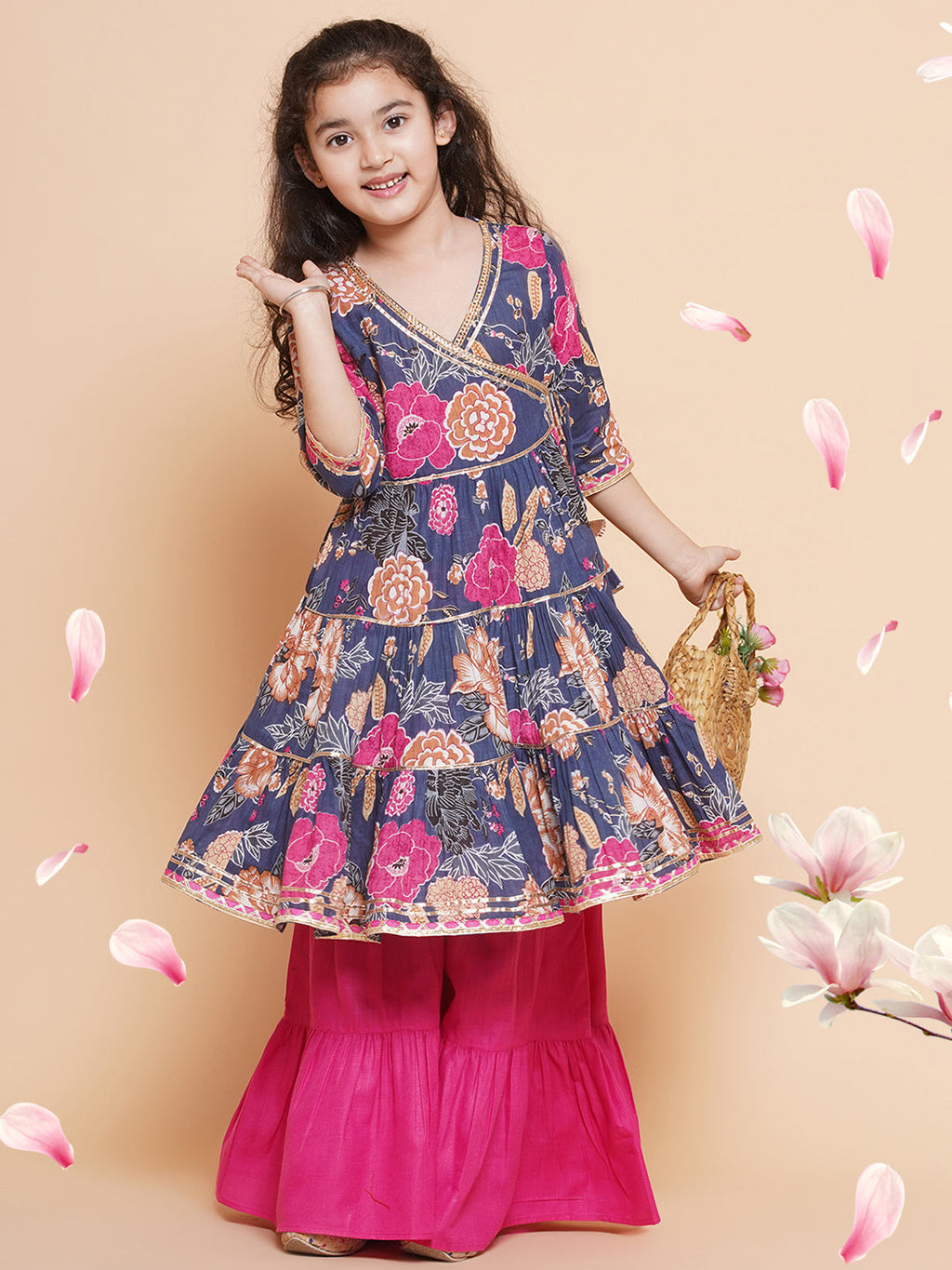 girls navy blue pink floral printed angrakha gotta patti kurta with sharara