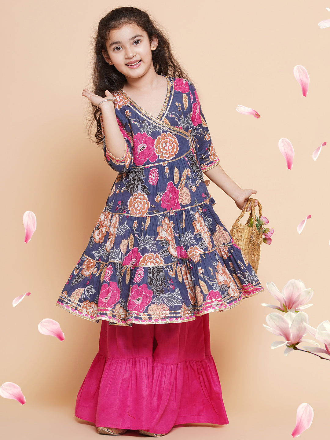 girls navy blue pink floral printed angrakha gotta patti kurta with sharara