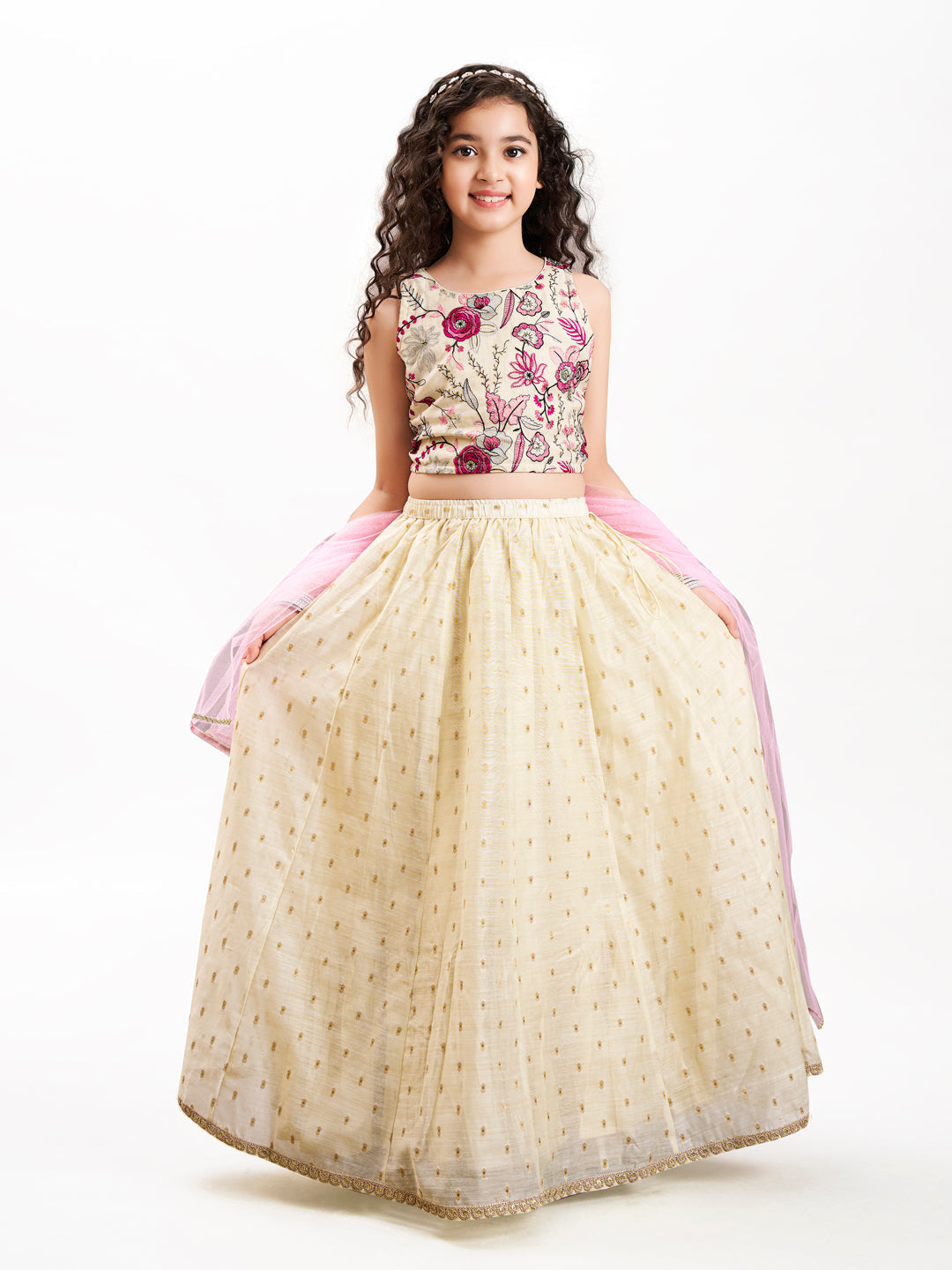 girls off white pink with embroidered ready to wear lehenga choli with dupatta