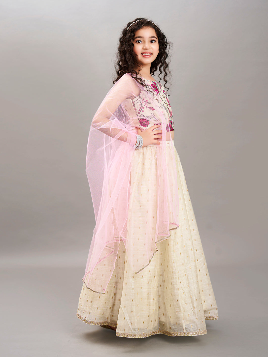 girls off white pink with embroidered ready to wear lehenga choli with dupatta