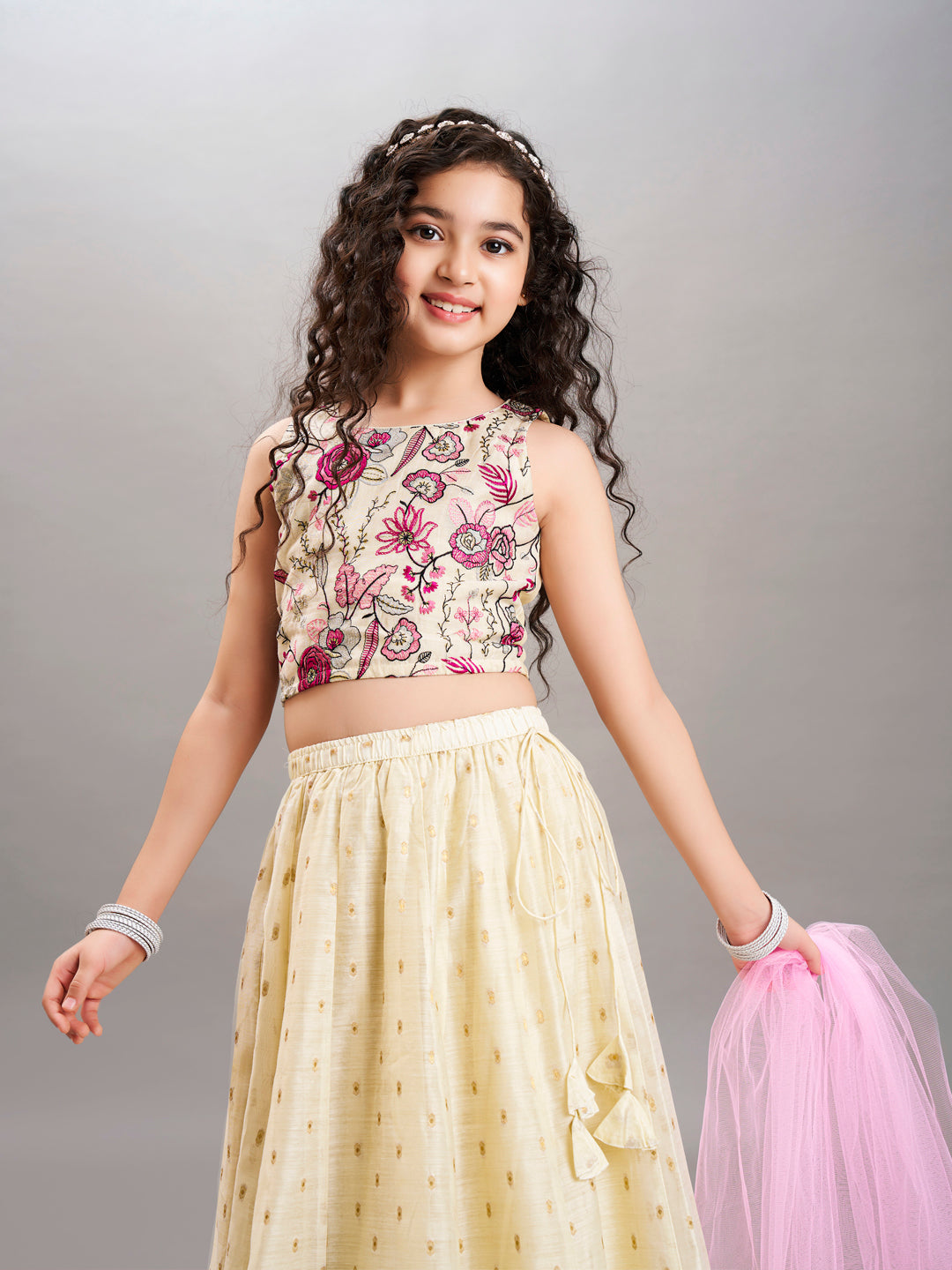 girls off white pink with embroidered ready to wear lehenga choli with dupatta