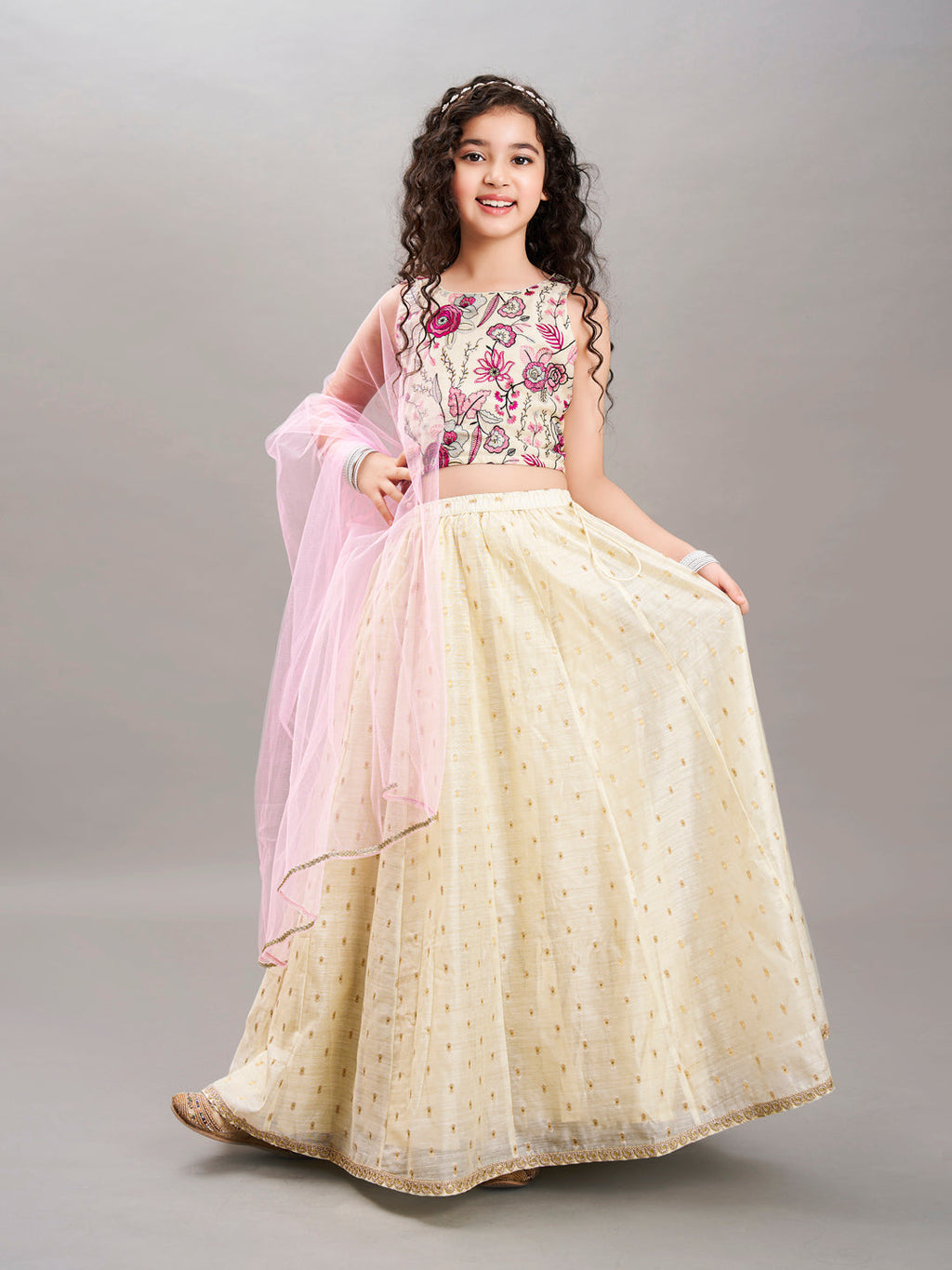 girls off white pink with embroidered ready to wear lehenga choli with dupatta