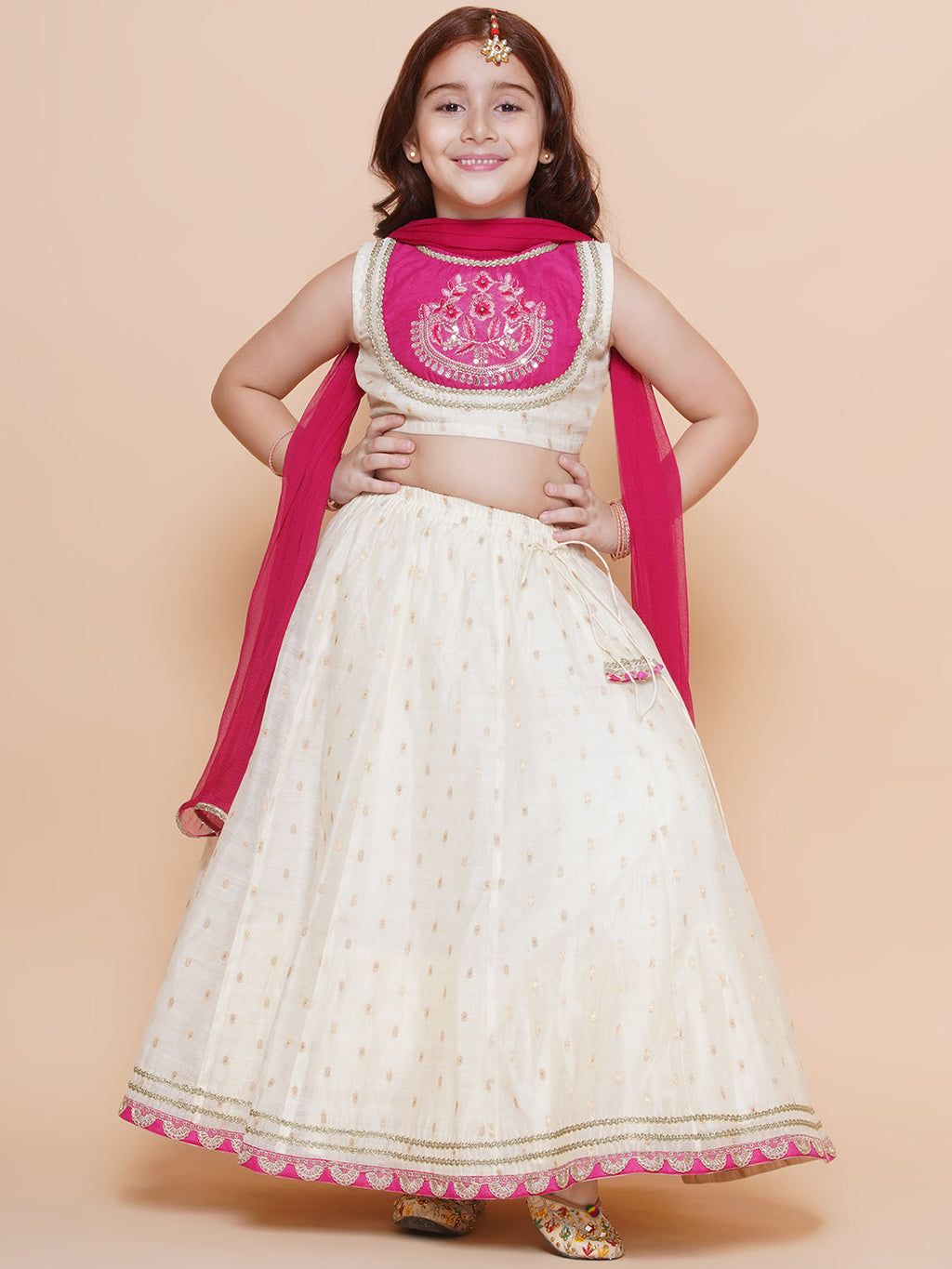 girls off white jacquard booti lehenga pink embroidered choli lehenga with dupatta