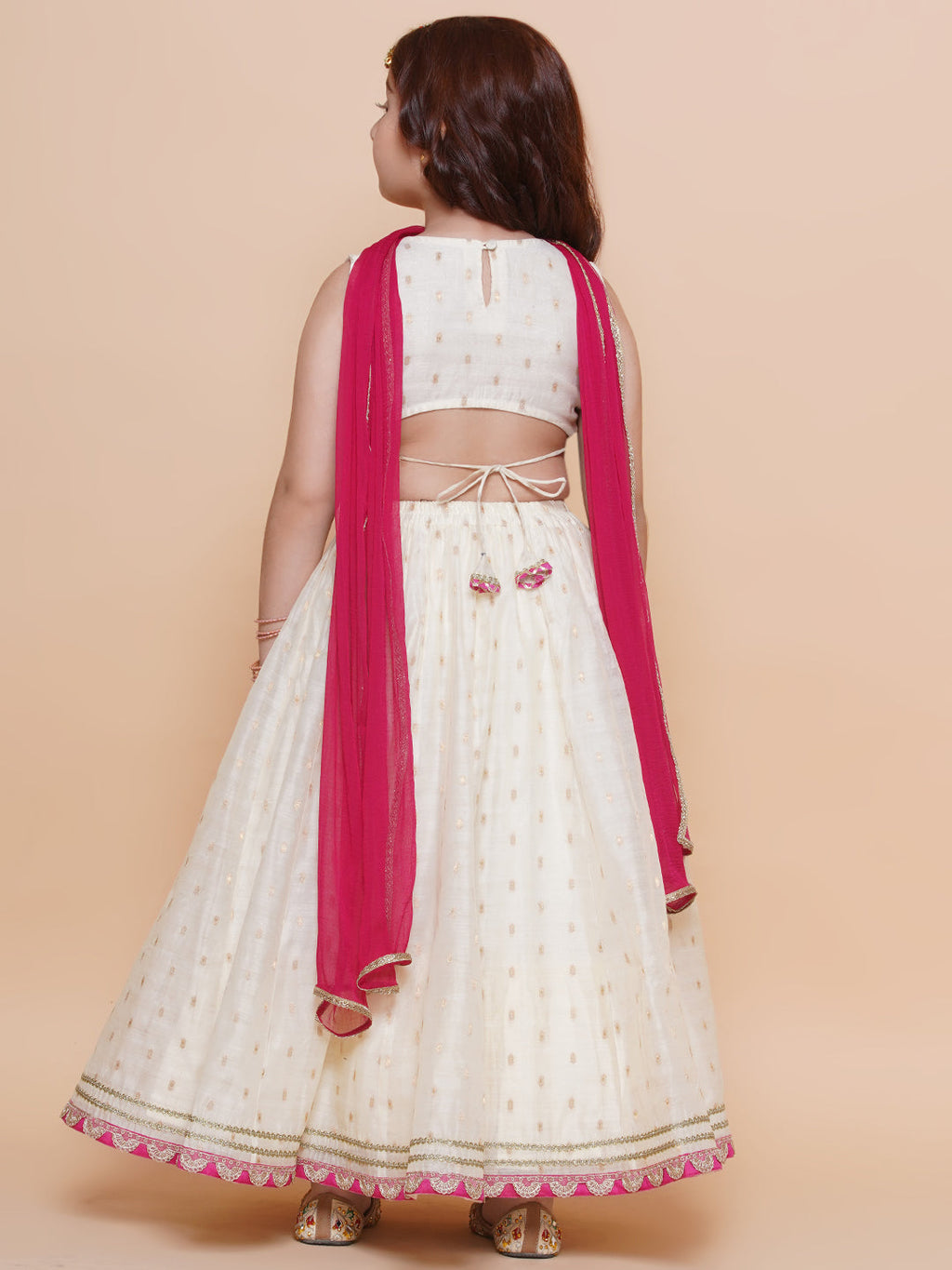 girls off white jacquard booti lehenga pink embroidered choli lehenga with dupatta