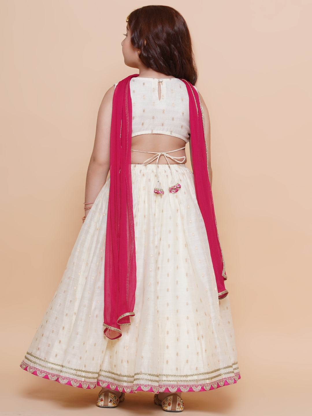 girls off white jacquard booti lehenga pink embroidered choli lehenga with dupatta