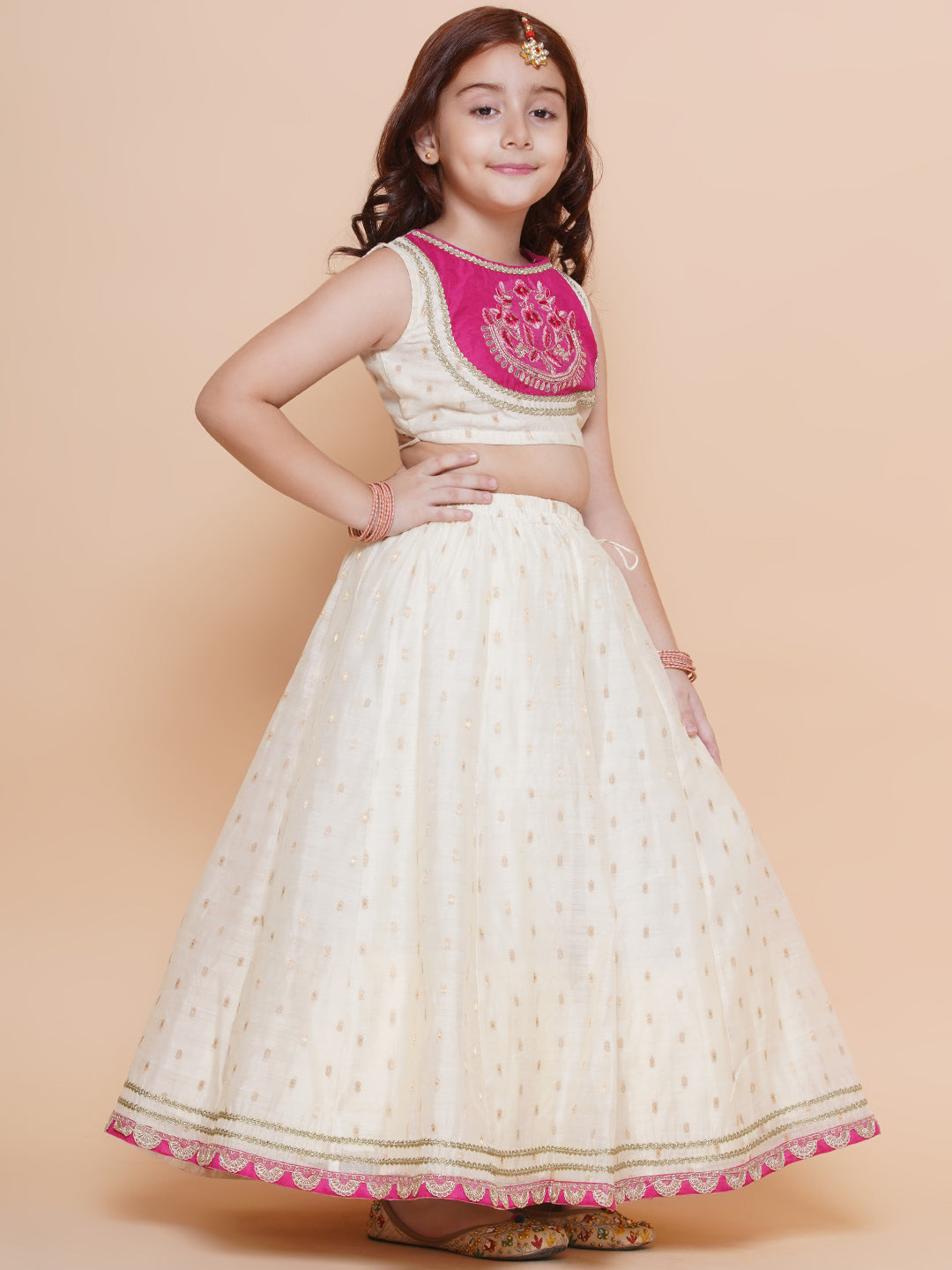 girls off white jacquard booti lehenga pink embroidered choli lehenga with dupatta