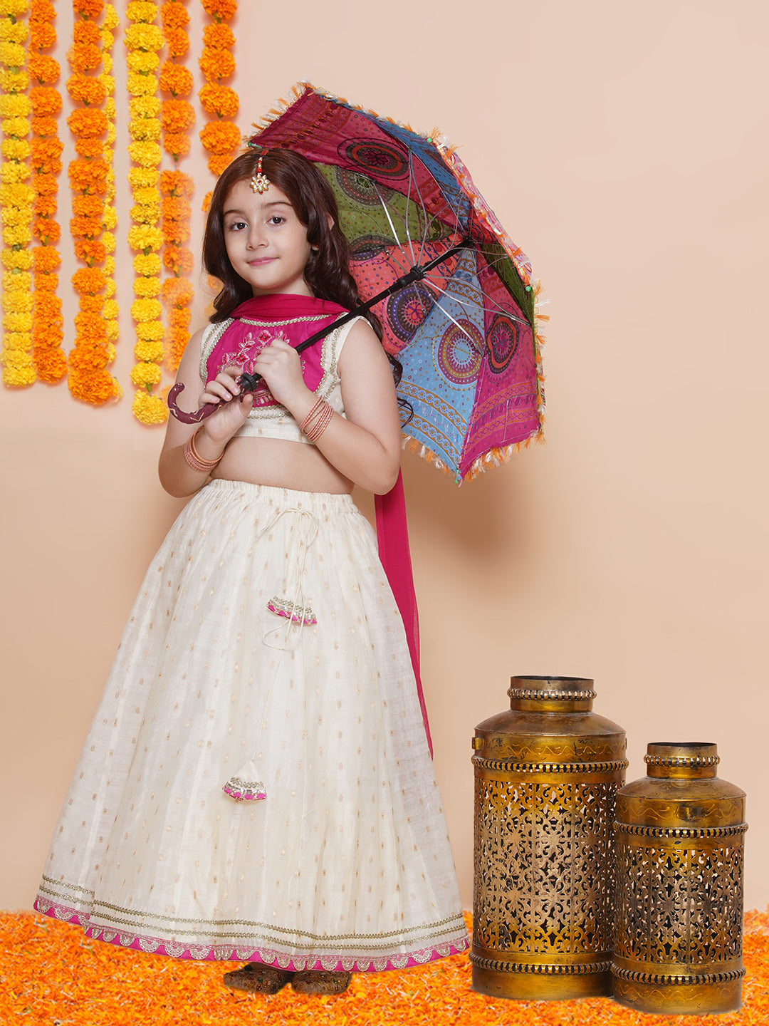 girls off white jacquard booti lehenga pink embroidered choli lehenga with dupatta