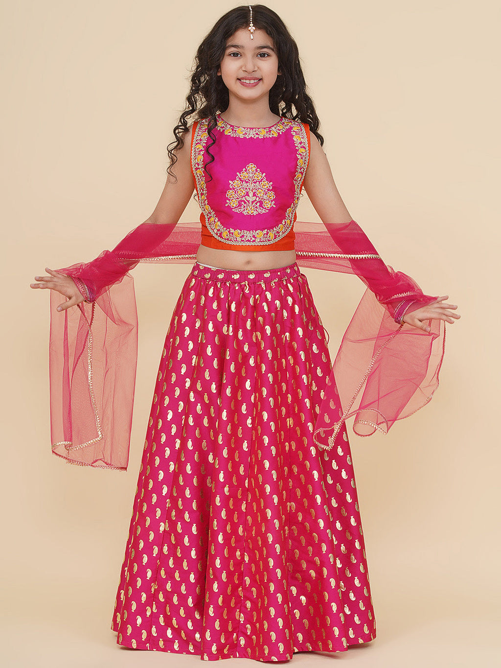 girls orange pink embroidered choli pink ready to wear lehenga with dupatta