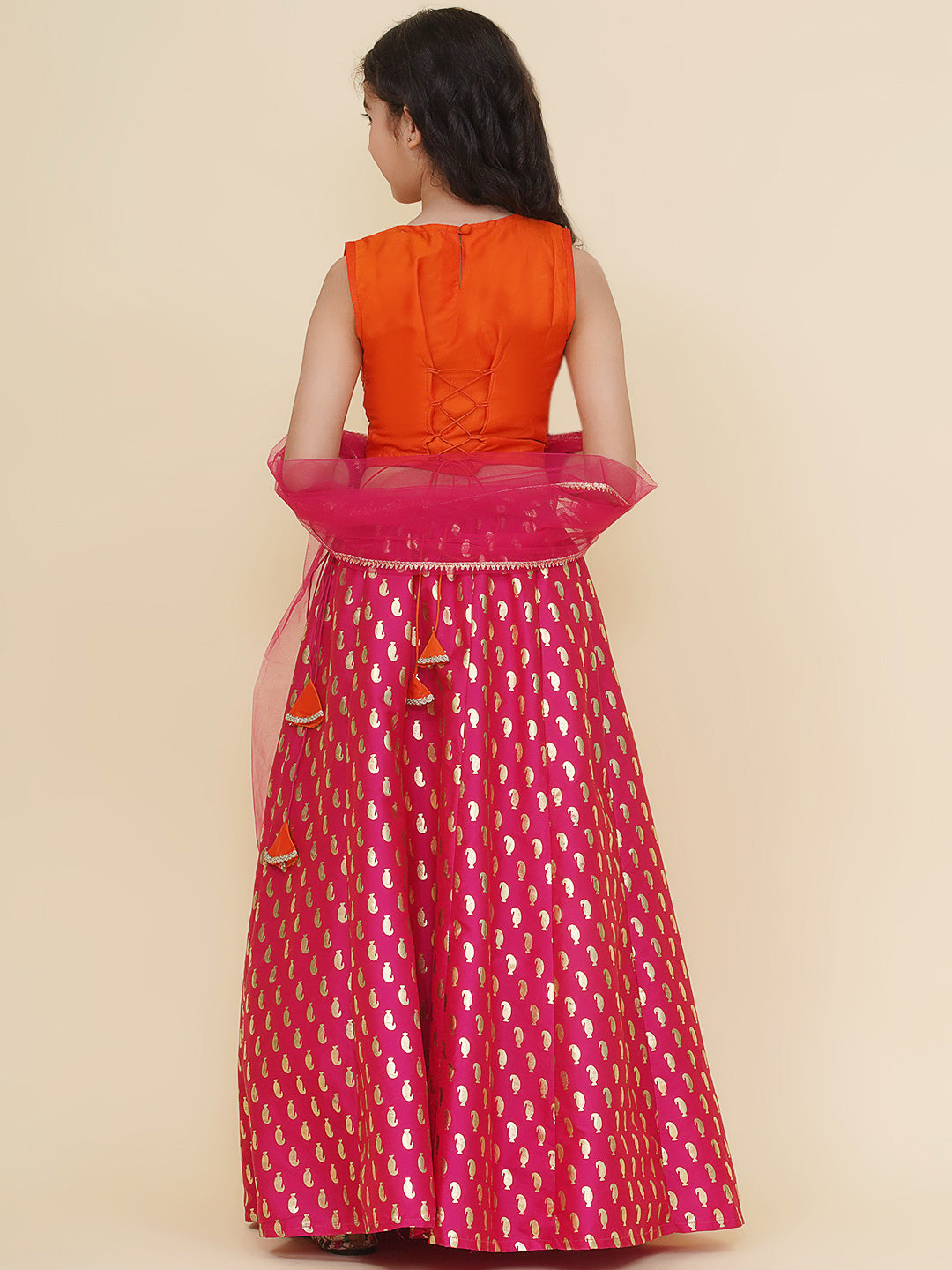 girls orange pink embroidered choli pink ready to wear lehenga with dupatta