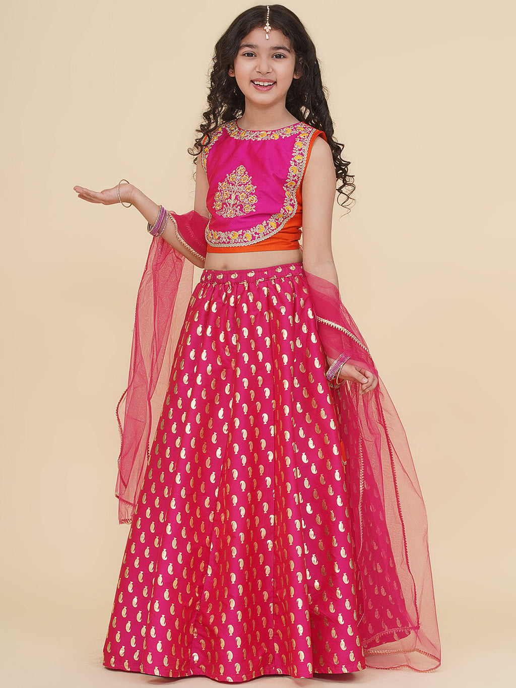 girls orange pink embroidered choli pink ready to wear lehenga with dupatta