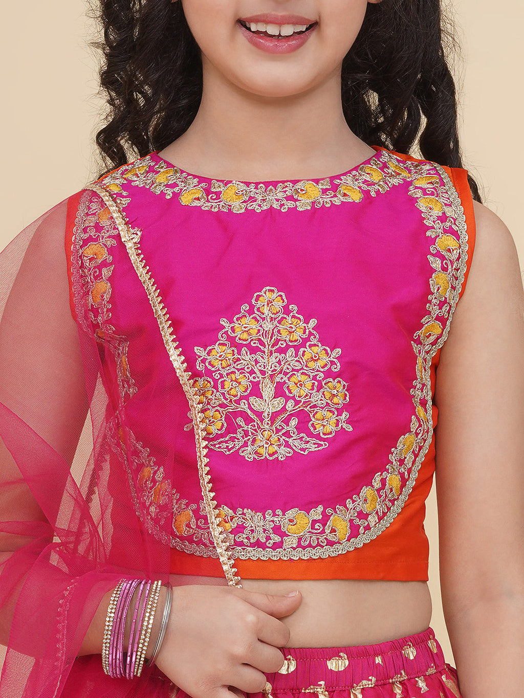 girls orange pink embroidered choli pink ready to wear lehenga with dupatta