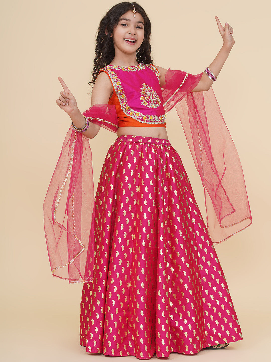 girls orange pink embroidered choli pink ready to wear lehenga with dupatta