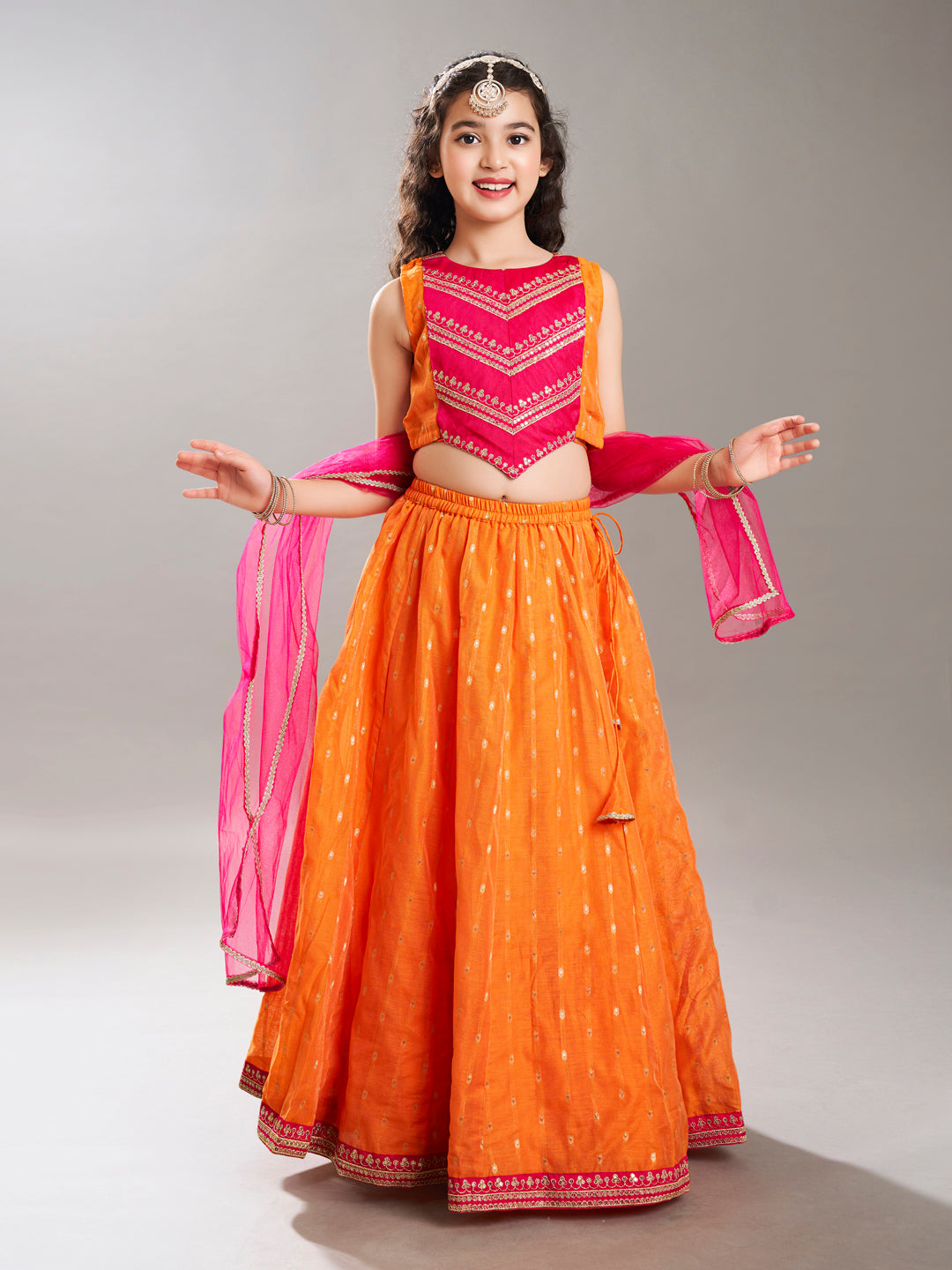 girls orange pink with embroidered ready to wear lehenga choli with dupatta