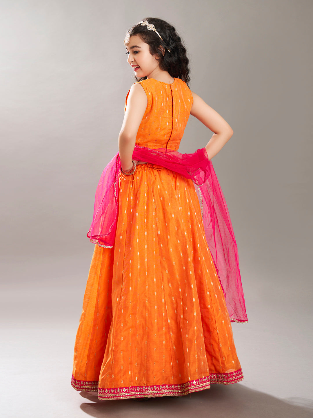 girls orange pink with embroidered ready to wear lehenga choli with dupatta