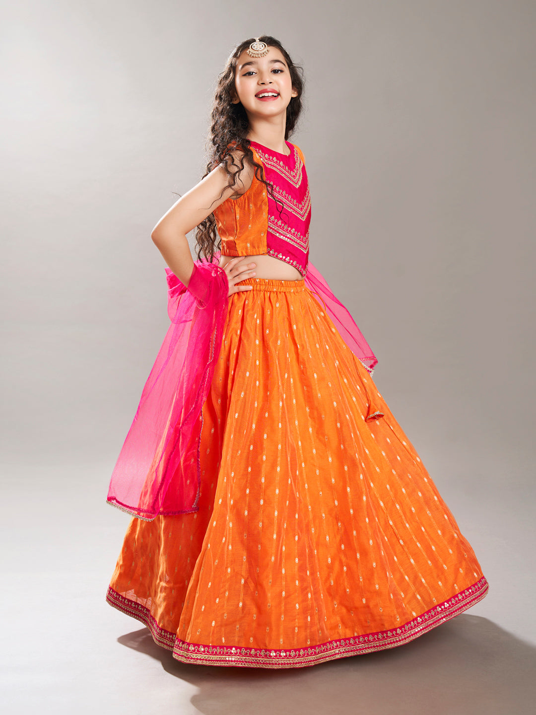 girls orange pink with embroidered ready to wear lehenga choli with dupatta