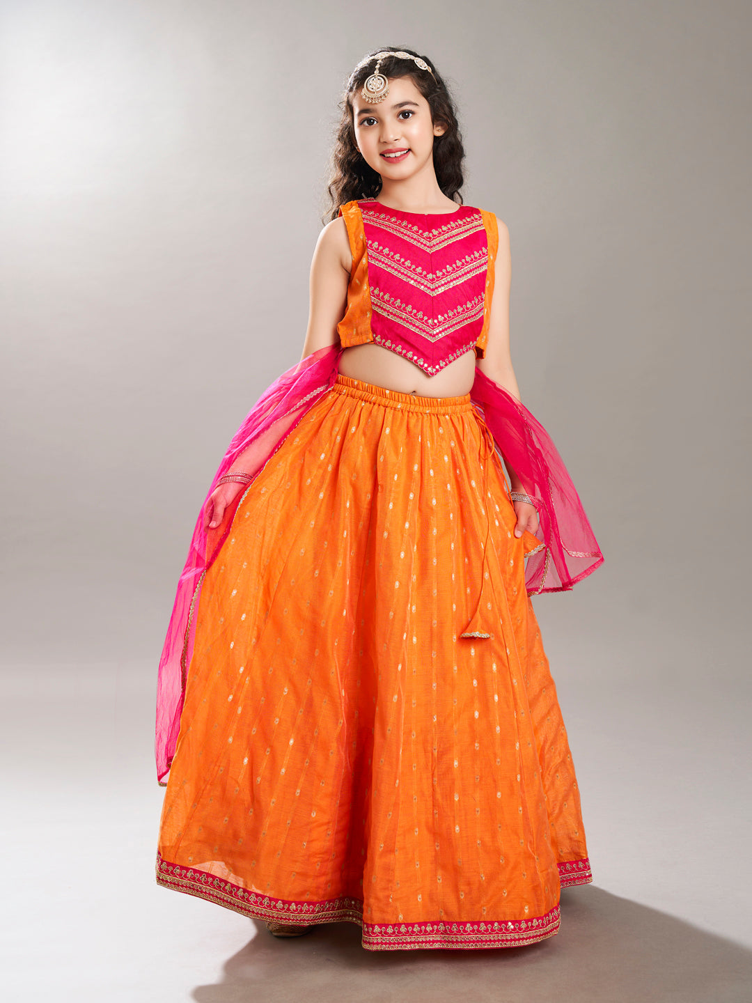 girls orange pink with embroidered ready to wear lehenga choli with dupatta