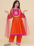 girls orange a line anarkali kurta with trousers dupatta