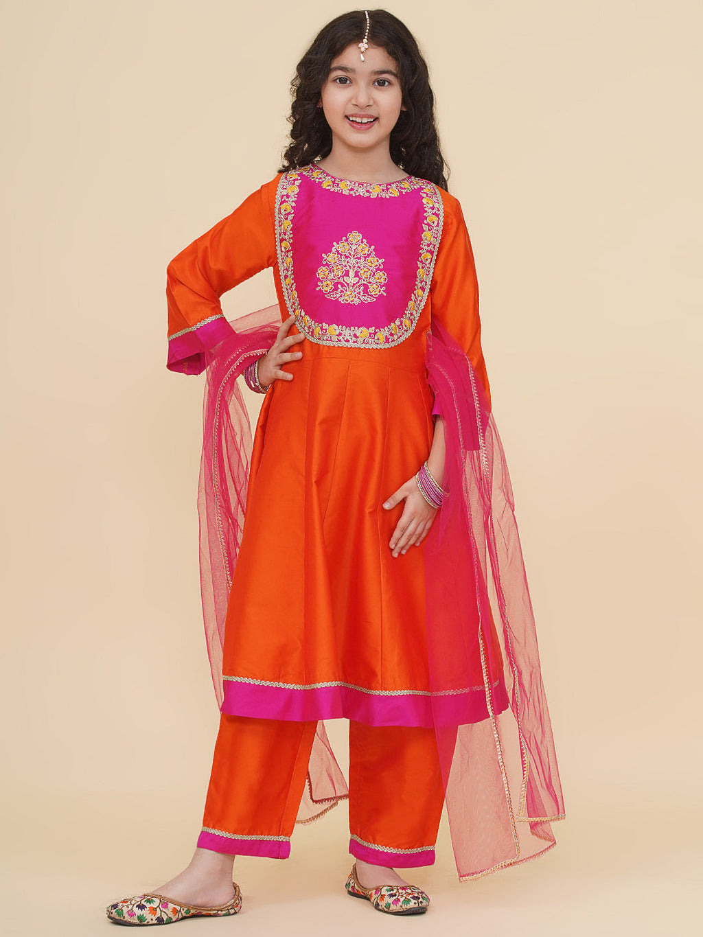 girls orange a line anarkali kurta with trousers dupatta