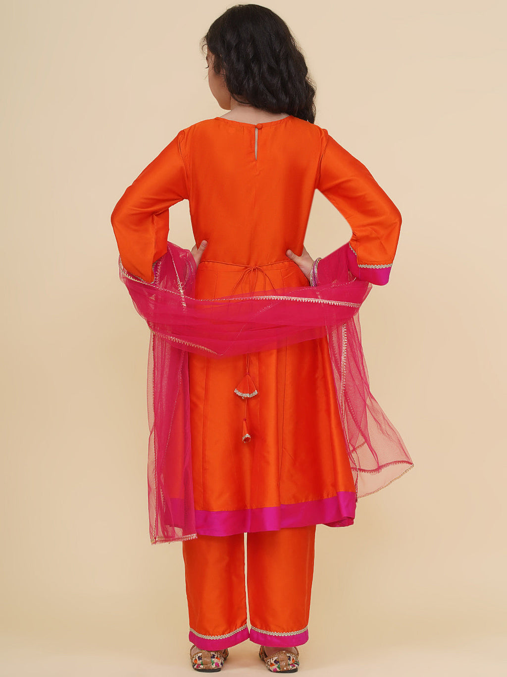 girls orange a line anarkali kurta with trousers dupatta