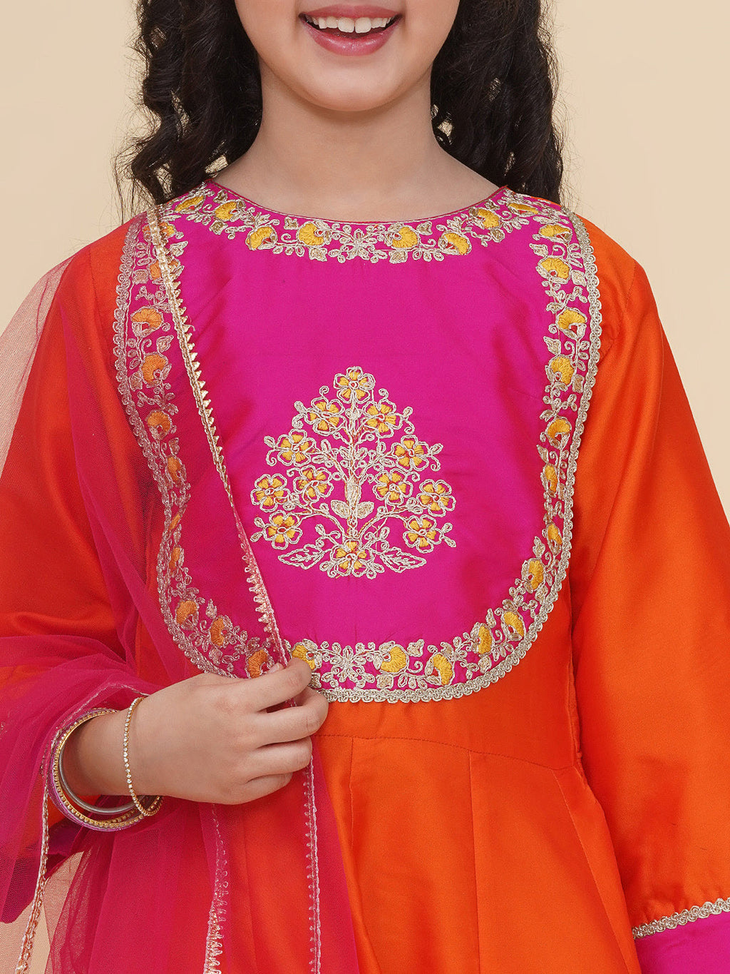 girls orange a line anarkali kurta with trousers dupatta