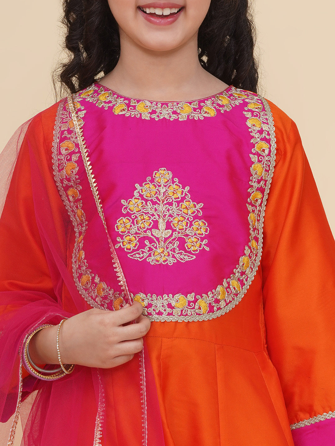 girls orange a line anarkali kurta with trousers dupatta