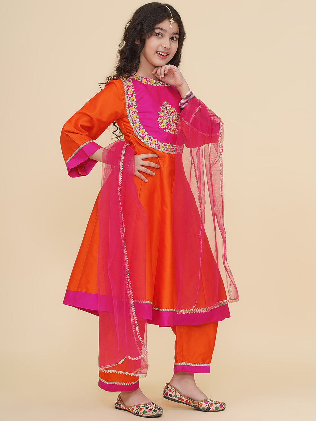 girls orange a line anarkali kurta with trousers dupatta